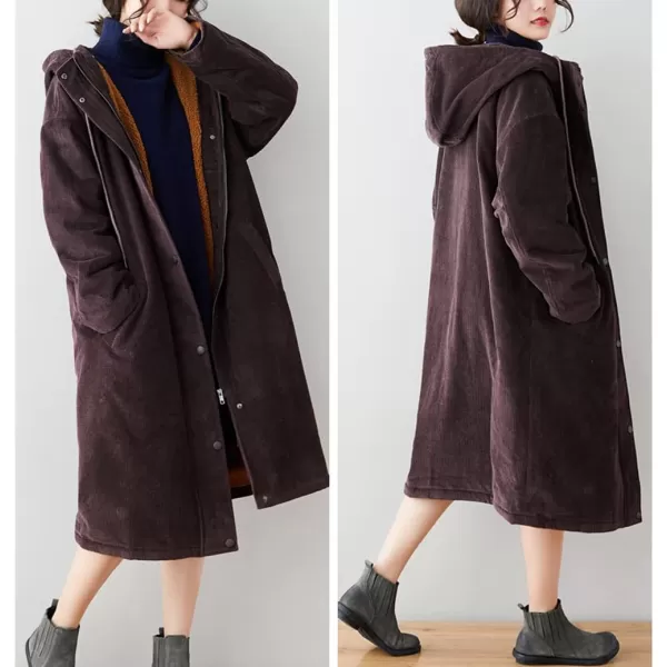 chouyatou Womens Winter Coats Sherpa Lined Hooded Midi Long Corduroy Jacket OvercoatPurplish Coffee