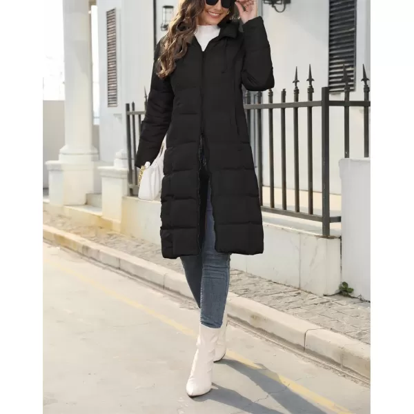 chouyatou Womens Winter Hooded Long Quilted Puffer Trench Coat Zip Up Padded Puffy Down Jacket OuterwearBlack