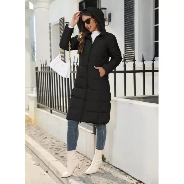 chouyatou Womens Winter Hooded Long Quilted Puffer Trench Coat Zip Up Padded Puffy Down Jacket OuterwearBlack