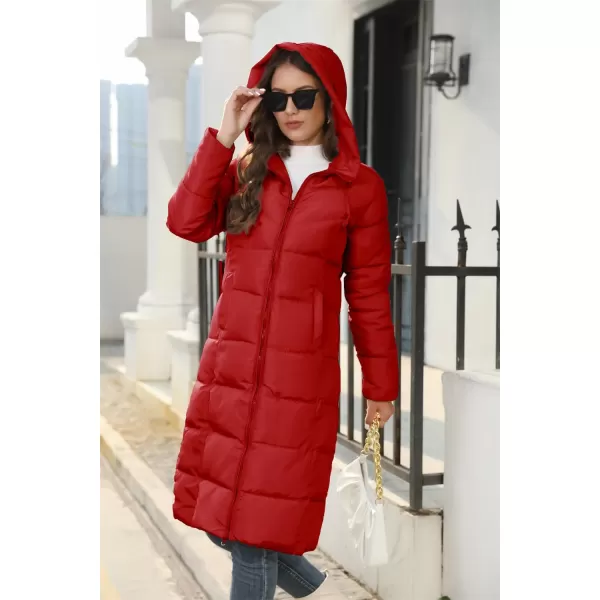 chouyatou Womens Winter Hooded Long Quilted Puffer Trench Coat Zip Up Padded Puffy Down Jacket OuterwearRed