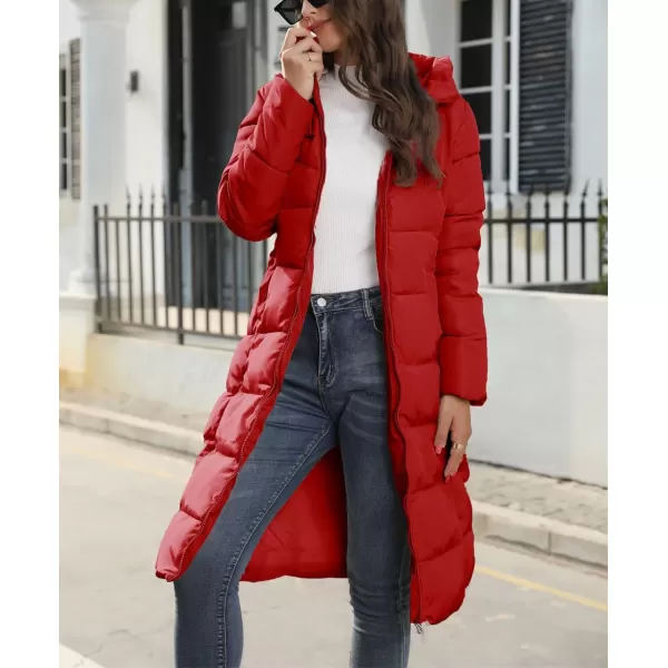 chouyatou Womens Winter Hooded Long Quilted Puffer Trench Coat Zip Up Padded Puffy Down Jacket OuterwearRed