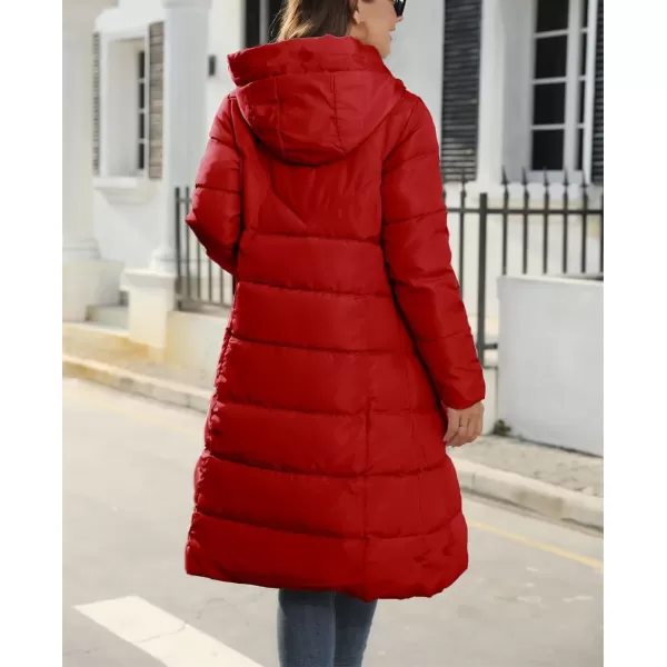 chouyatou Womens Winter Hooded Long Quilted Puffer Trench Coat Zip Up Padded Puffy Down Jacket OuterwearRed