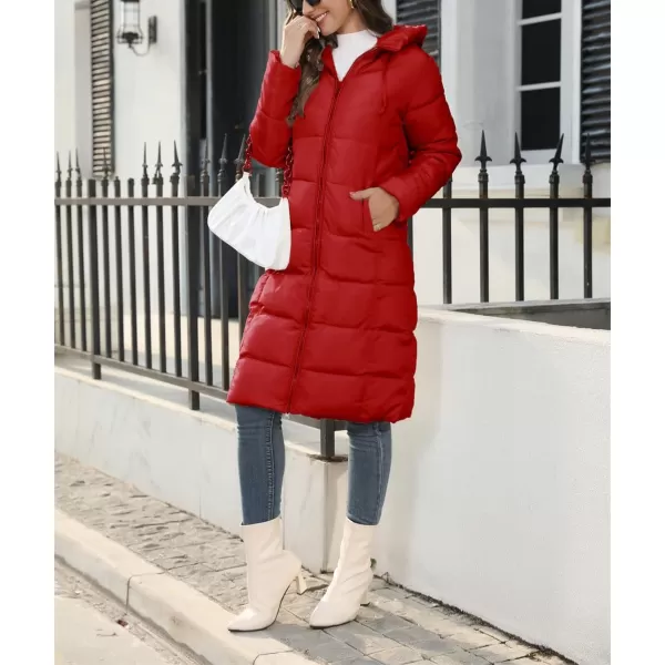 chouyatou Womens Winter Hooded Long Quilted Puffer Trench Coat Zip Up Padded Puffy Down Jacket OuterwearRed