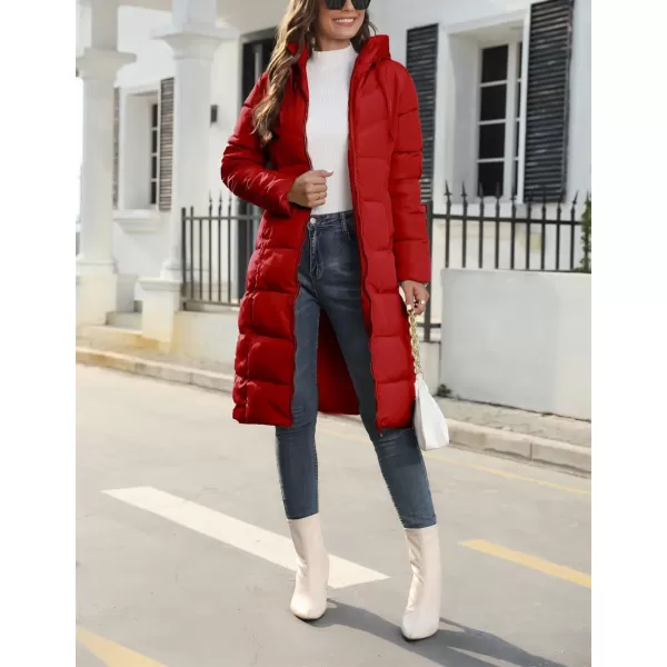 chouyatou Womens Winter Hooded Long Quilted Puffer Trench Coat Zip Up Padded Puffy Down Jacket OuterwearRed