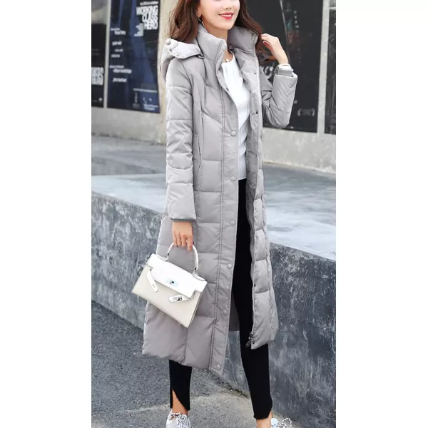 chouyatou Womens Winter Over Knee Removable Hooded Maxi Long Puffer Down CoatGrey
