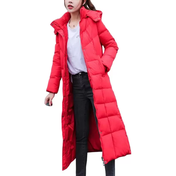 chouyatou Womens Winter Over Knee Removable Hooded Maxi Long Puffer Down CoatRed