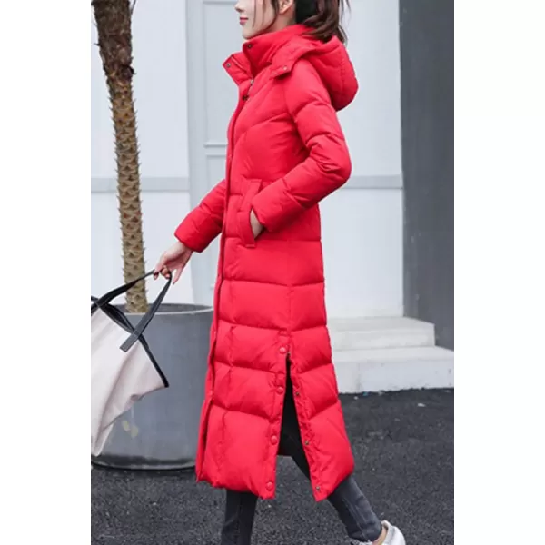 chouyatou Womens Winter Over Knee Removable Hooded Maxi Long Puffer Down CoatRed