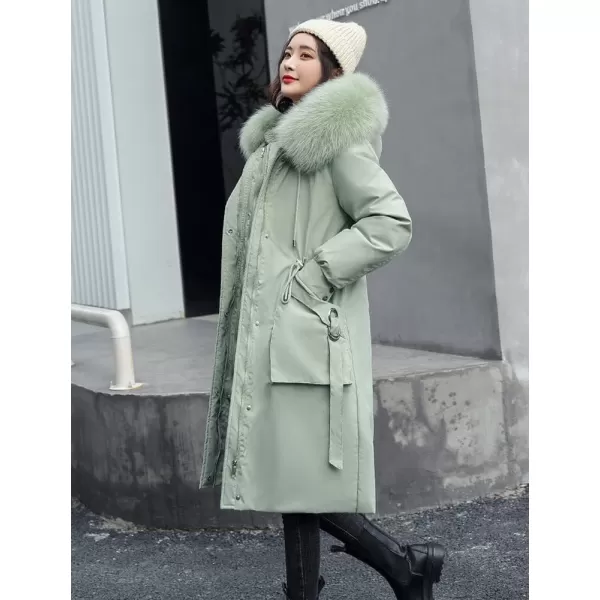 chouyatou Womens Winter Windproof Faux Fur Hood Long Parka Coat with Removable Fleece LiningBean Green