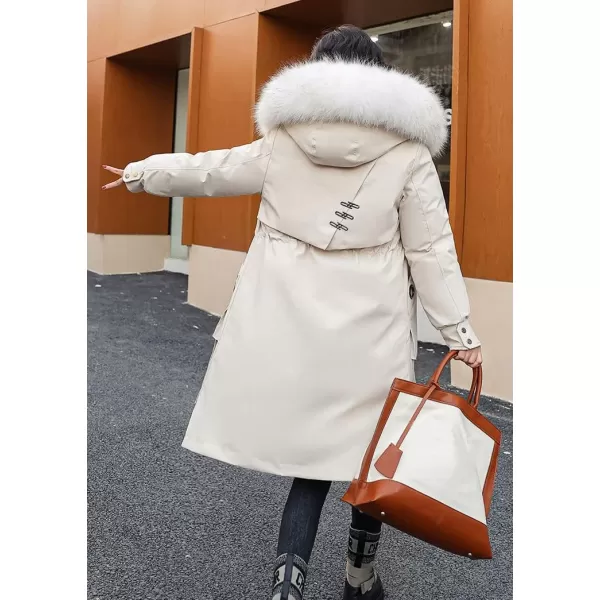 chouyatou Womens Winter Windproof Faux Fur Hood Long Parka Coat with Removable Fleece LiningBeige White