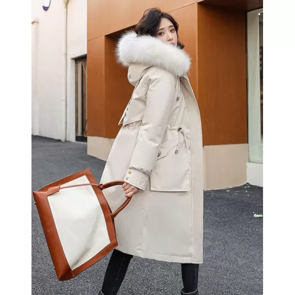 chouyatou Womens Winter Windproof Faux Fur Hood Long Parka Coat with Removable Fleece LiningBeige White