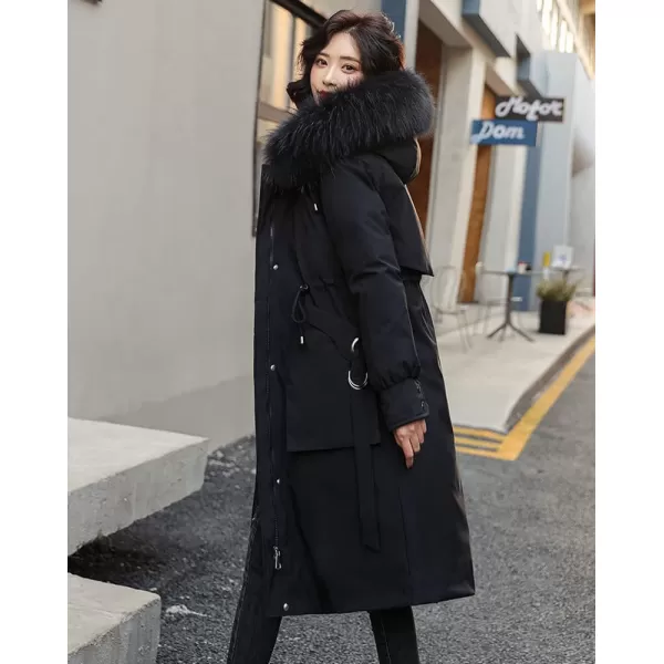 chouyatou Womens Winter Windproof Faux Fur Hood Long Parka Coat with Removable Fleece LiningBlack