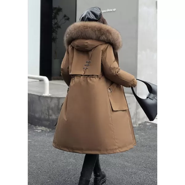 chouyatou Womens Winter Windproof Faux Fur Hood Long Parka Coat with Removable Fleece LiningCoffee