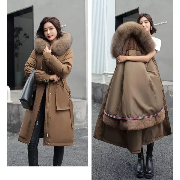 chouyatou Womens Winter Windproof Faux Fur Hood Long Parka Coat with Removable Fleece LiningCoffee