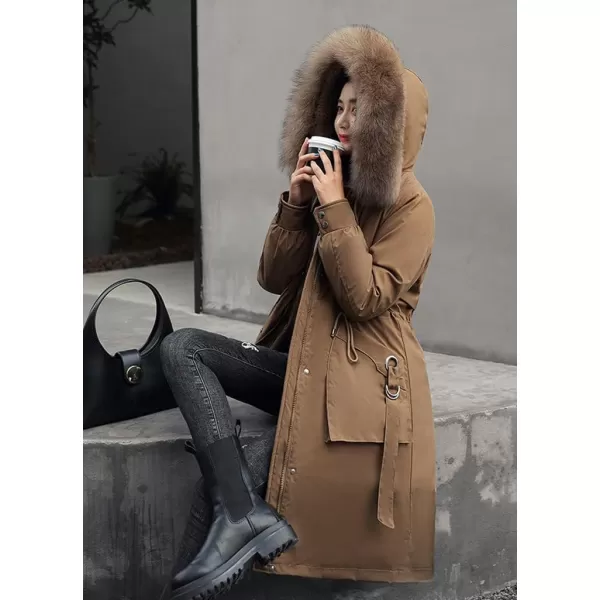 chouyatou Womens Winter Windproof Faux Fur Hood Long Parka Coat with Removable Fleece LiningCoffee