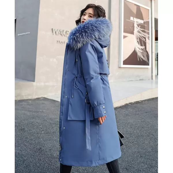 chouyatou Womens Winter Windproof Faux Fur Hood Long Parka Coat with Removable Fleece LiningHaze Blue