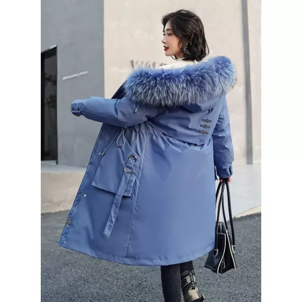 chouyatou Womens Winter Windproof Faux Fur Hood Long Parka Coat with Removable Fleece LiningHaze Blue