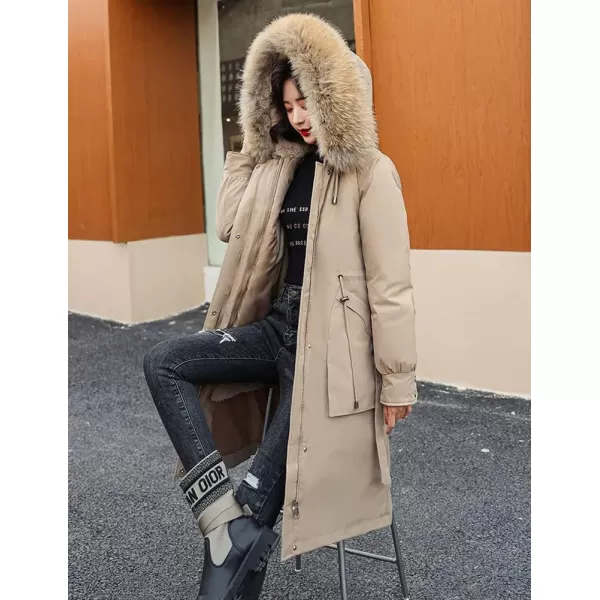 chouyatou Womens Winter Windproof Faux Fur Hood Long Parka Coat with Removable Fleece LiningKhaki