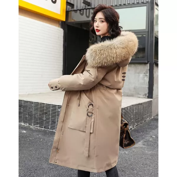 chouyatou Womens Winter Windproof Faux Fur Hood Long Parka Coat with Removable Fleece LiningKhaki