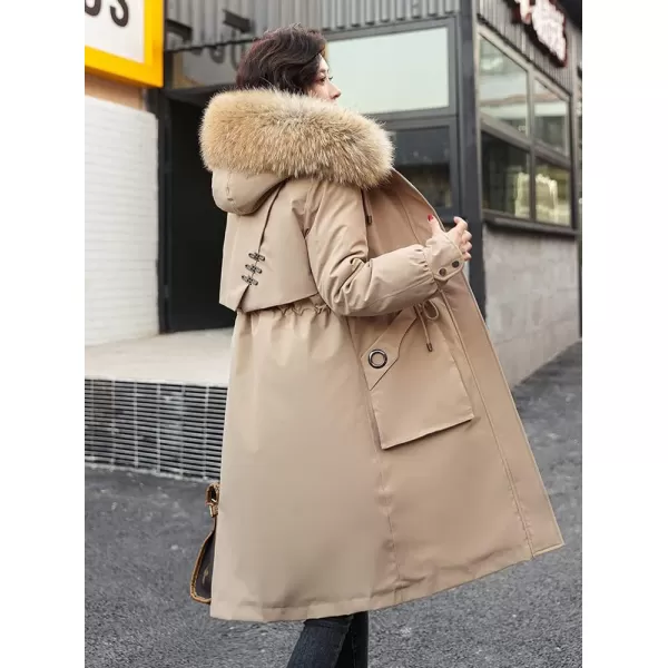chouyatou Womens Winter Windproof Faux Fur Hood Long Parka Coat with Removable Fleece LiningKhaki