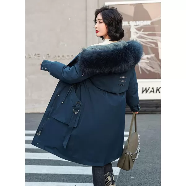 chouyatou Womens Winter Windproof Faux Fur Hood Long Parka Coat with Removable Fleece LiningNavy