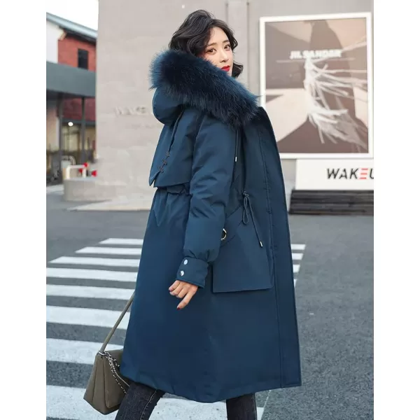 chouyatou Womens Winter Windproof Faux Fur Hood Long Parka Coat with Removable Fleece LiningNavy