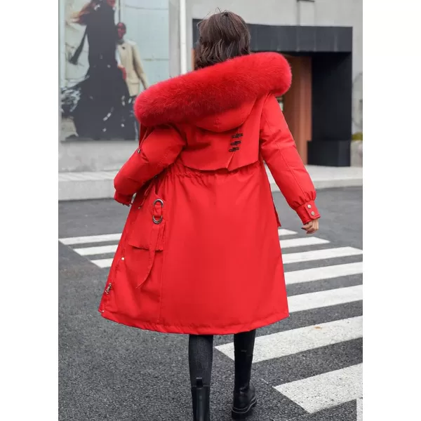 chouyatou Womens Winter Windproof Faux Fur Hood Long Parka Coat with Removable Fleece LiningRed