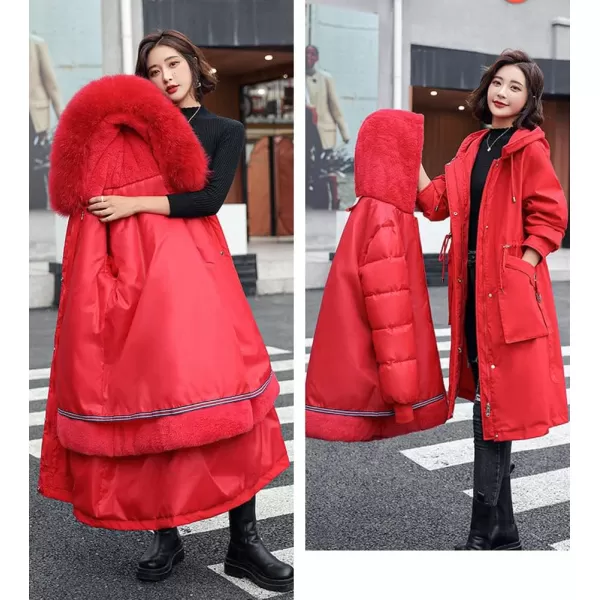 chouyatou Womens Winter Windproof Faux Fur Hood Long Parka Coat with Removable Fleece LiningRed