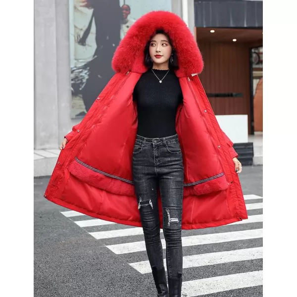 chouyatou Womens Winter Windproof Faux Fur Hood Long Parka Coat with Removable Fleece LiningRed