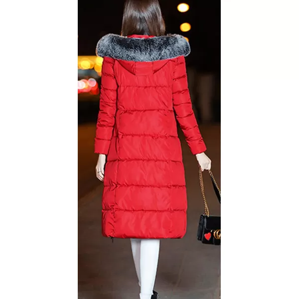 chouyatou Womens Winter Windproof Padded Long Down Alternative Coat Faux Fur HoodRed