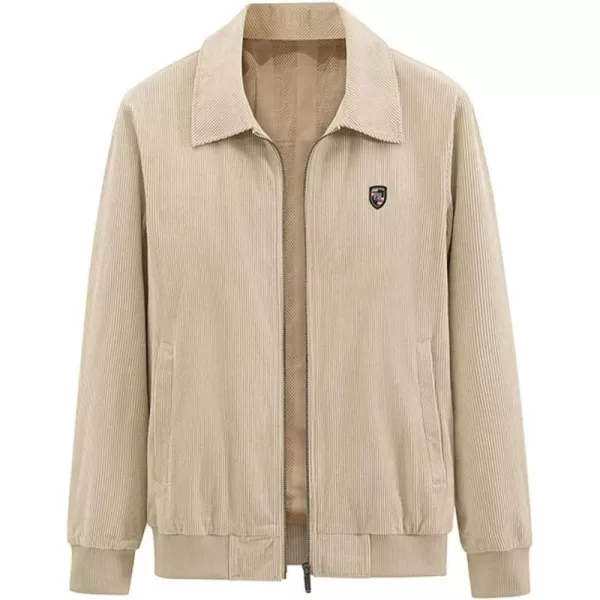 chouyatou Mens Vintage Lapel Collar Zip Up Long Sleeve Utility Corduroy Bomber JacketKhaki