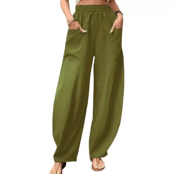 chouyatou Womens Casual Wide Leg Palazzo Cotton Linen Pants Fashion Elastic High Waist Harem PantsArmy Green