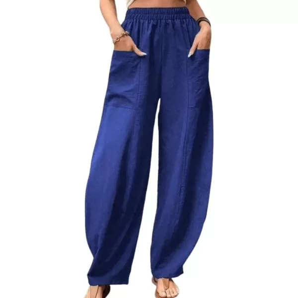 chouyatou Womens Casual Wide Leg Palazzo Cotton Linen Pants Fashion Elastic High Waist Harem PantsBlue