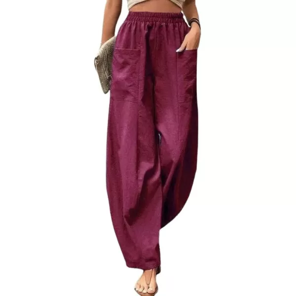 chouyatou Womens Casual Wide Leg Palazzo Cotton Linen Pants Fashion Elastic High Waist Harem PantsDark Red