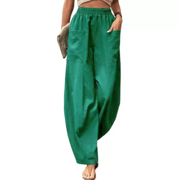chouyatou Womens Casual Wide Leg Palazzo Cotton Linen Pants Fashion Elastic High Waist Harem PantsEmerald Green