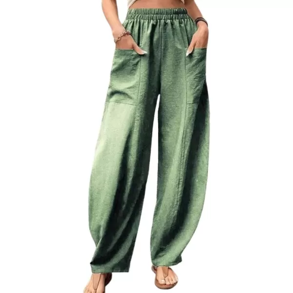 chouyatou Womens Casual Wide Leg Palazzo Cotton Linen Pants Fashion Elastic High Waist Harem PantsGreen