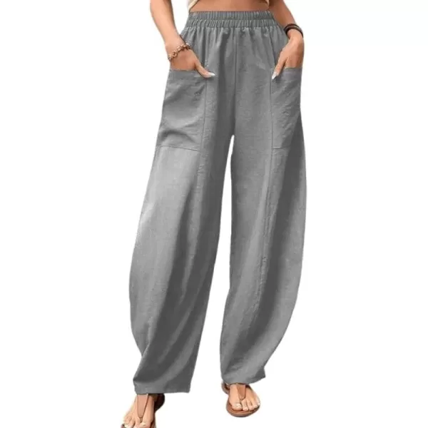 chouyatou Womens Casual Wide Leg Palazzo Cotton Linen Pants Fashion Elastic High Waist Harem PantsGrey