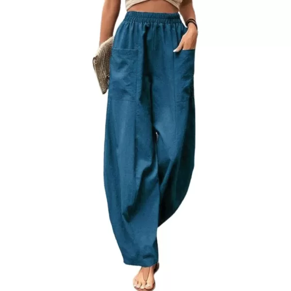 chouyatou Womens Casual Wide Leg Palazzo Cotton Linen Pants Fashion Elastic High Waist Harem PantsMalachite Blue