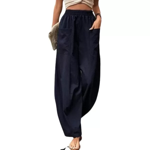 chouyatou Womens Casual Wide Leg Palazzo Cotton Linen Pants Fashion Elastic High Waist Harem PantsNavy Blue