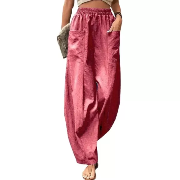 chouyatou Womens Casual Wide Leg Palazzo Cotton Linen Pants Fashion Elastic High Waist Harem PantsPink