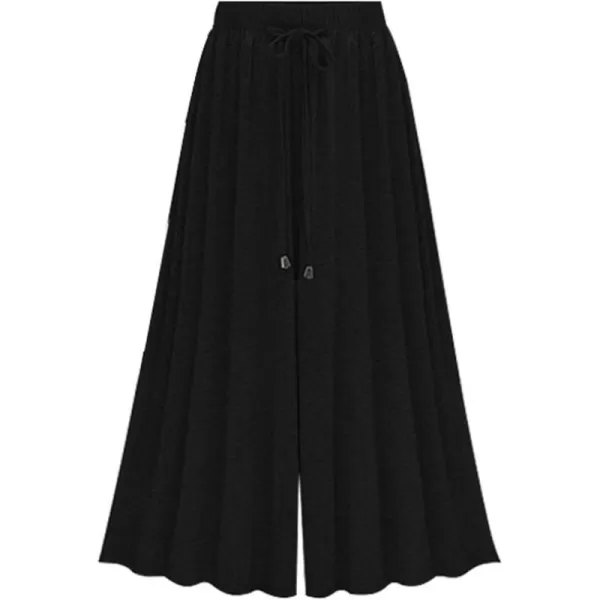 chouyatou Womens Drawstring Elastic Waist Loose Lightweight Wide Leg Flowy Pleated Jersey Capris Pant CulottesBlack