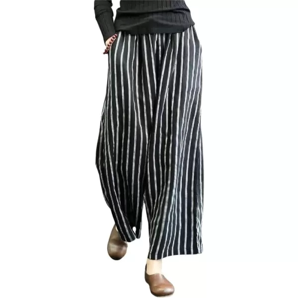 chouyatou Womens Elastic Waist Striped Cotton Linen Wide Leg Pants Summer Palazzo Beach PantsBlack