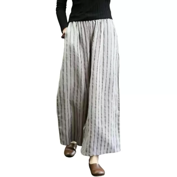 chouyatou Womens Elastic Waist Striped Cotton Linen Wide Leg Pants Summer Palazzo Beach PantsGrey