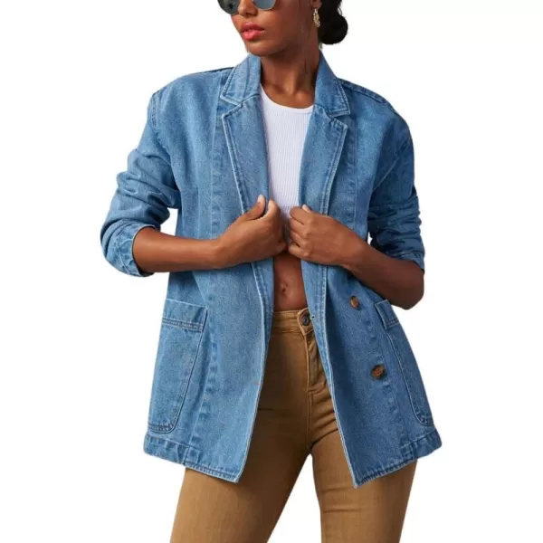 chouyatou Womens Fall Business Casual Denim Blazer Suit Loose Office Boyfriend Jean JacketBlue