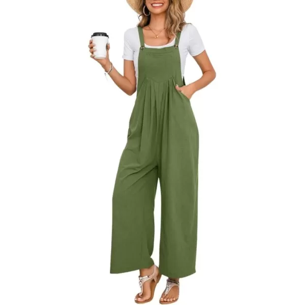chouyatou Womens Summer Wide Leg Bib Linen Overalls Palazzo Pants Casual Linen JumpsuitsArmy Green