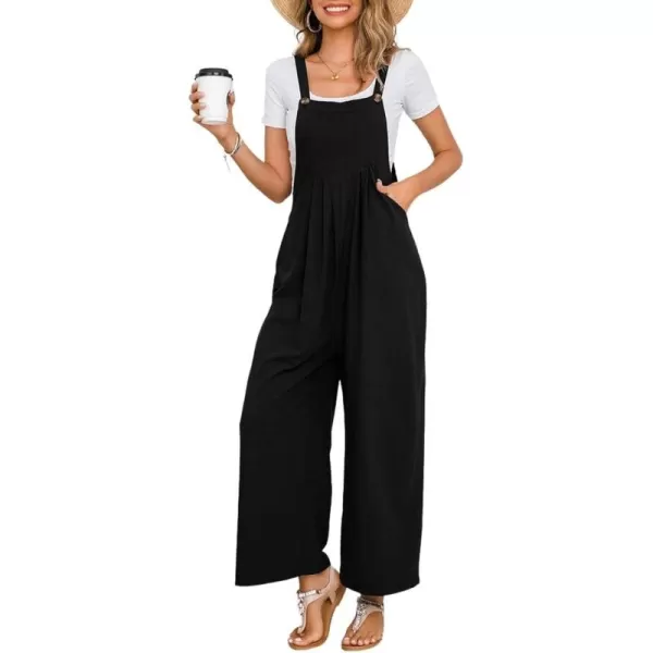 chouyatou Womens Summer Wide Leg Bib Linen Overalls Palazzo Pants Casual Linen JumpsuitsBlack