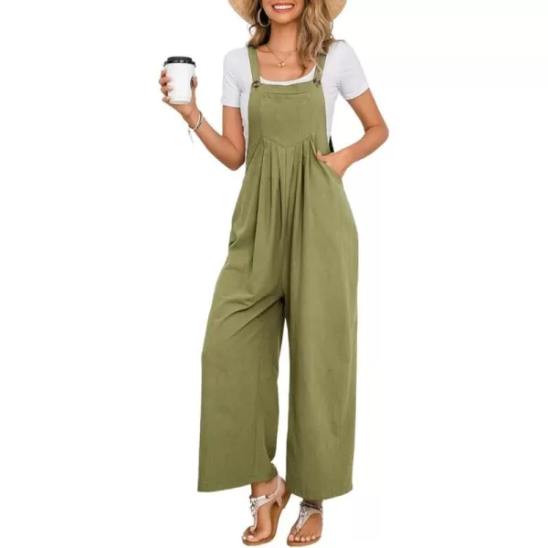 chouyatou Womens Summer Wide Leg Bib Linen Overalls Palazzo Pants Casual Linen JumpsuitsGreen