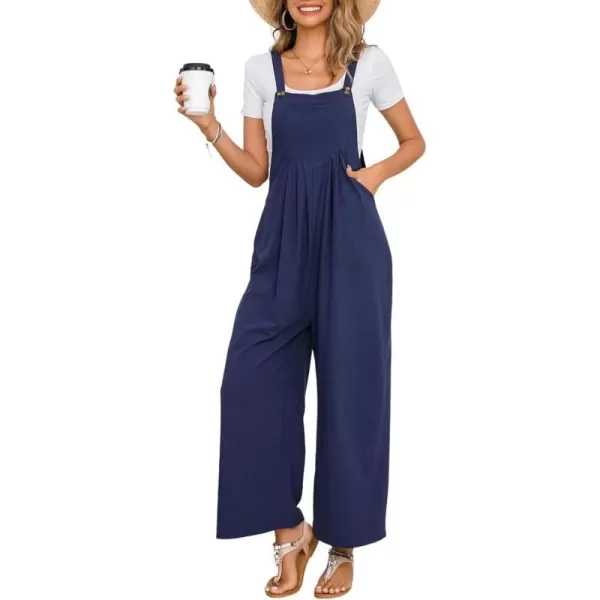 chouyatou Womens Summer Wide Leg Bib Linen Overalls Palazzo Pants Casual Linen JumpsuitsNavy Blue