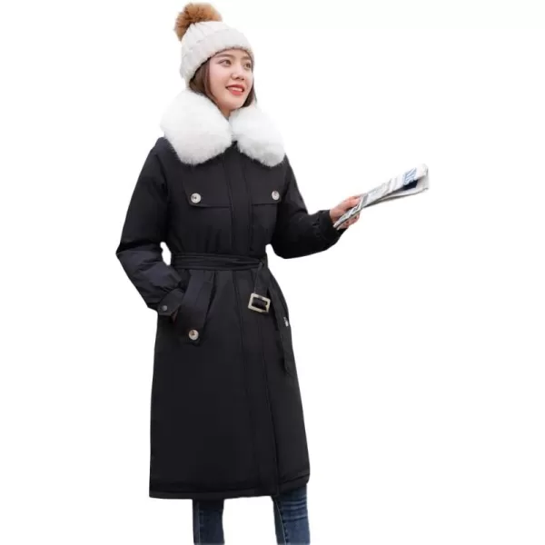 chouyatou Womens Thickened Faux Fur Collar Sherpa Lined Cotton Quilted Parka Coat JacketBlack