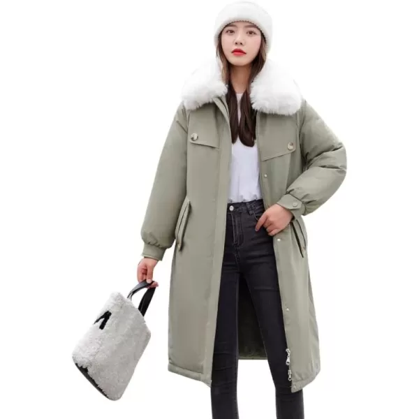 chouyatou Womens Thickened Faux Fur Collar Sherpa Lined Cotton Quilted Parka Coat JacketGreen