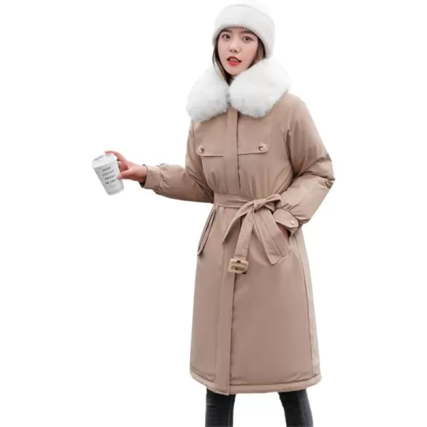 chouyatou Womens Thickened Faux Fur Collar Sherpa Lined Cotton Quilted Parka Coat JacketKhaki